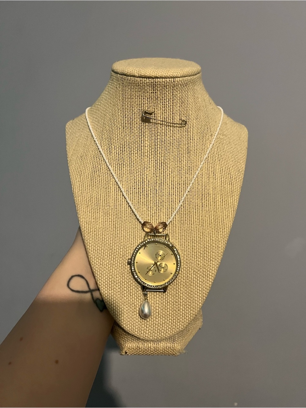 #183. Handmade Gold Watch Face Pendant Necklace with Pearl Drop